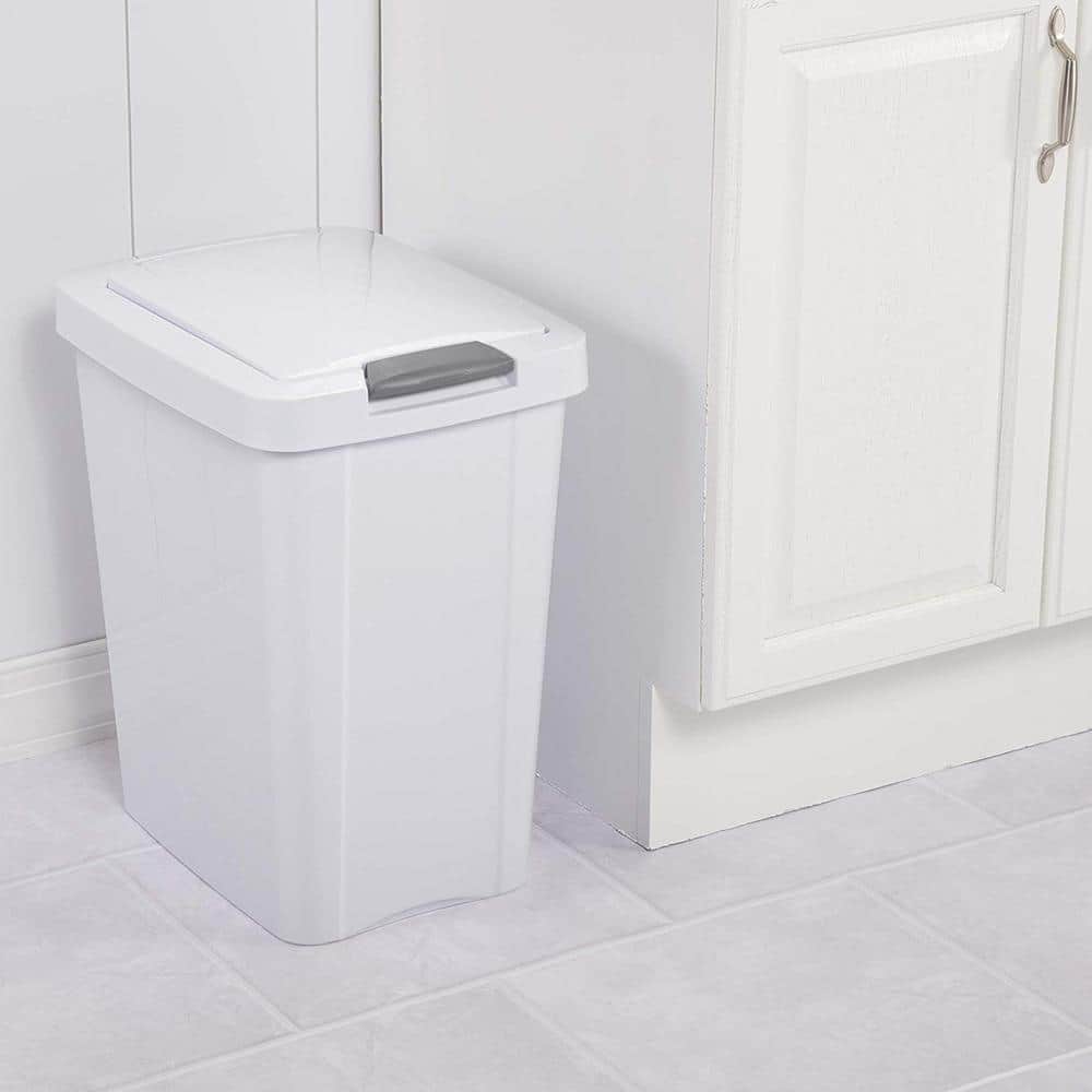 White Plastic TouchTop Wastebasket with Titanium Latch, 7.5 Gallon