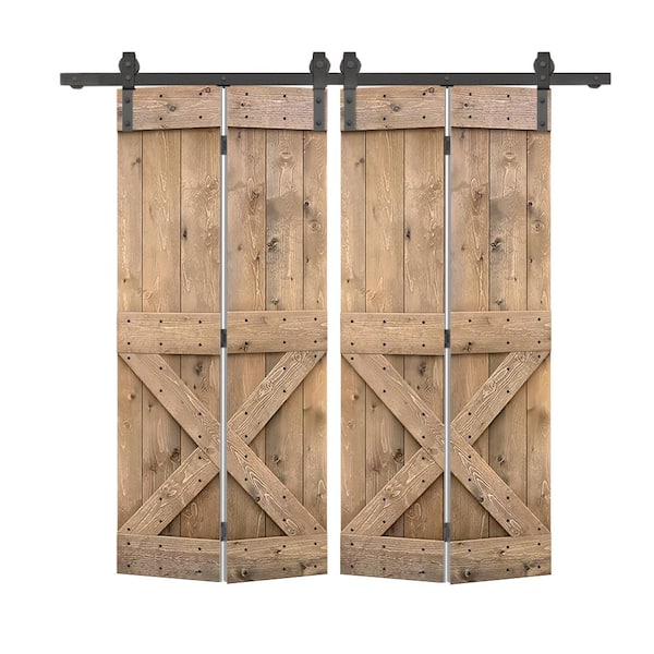 CALHOME 40 in. x 84 in. Mini X-Solid Core Light, Brown-Stained DIY Wood Double Bi-Fold Barn Doors with Sliding Hardware Kit