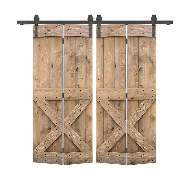 CALHOME 48 in. x 84 in. Mini X Series Light Brown Stained DIY Wood Double Bi-Fold Barn Doors with Sliding Hardware Kit