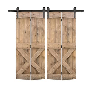 48 in. x 84 in. Mini X Pre Assembled Light Brown Wood Double Solid Core Bi-Fold Barn Doors with Sliding Hardware Kit