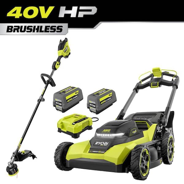 40V HP Brushless 21 in. Cross Cut Self-Propelled All Wheel Drive Mower with 17" String Trimmer, (2) Batteries & Chargers
