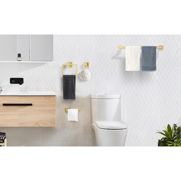 5-Piece Bath Hardware Set Bathroom Accessories Set with Toilet Paper Holder, Hooks, Towel Rack in Brushed Gold