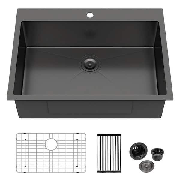 Logmey 30 in. Drop-In Sink Single Bowl 18 Gauge Gunmetal Black Stainless Steel Kitchen Sink with Accessories