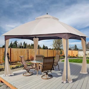 10 ft. x 12 ft. Beige Metal Gazebo with Sunshade Curtains Double Roof Canopy for Gardens, Patio, Backyard