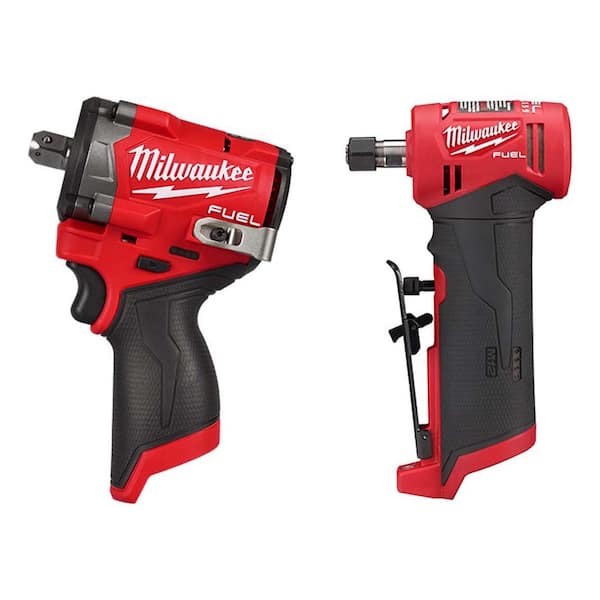 Milwaukee M12 FUEL 12V Li-Ion Brushless Cordless Stubby 1/2in. Impact Wrench w/Pin Detent&M12 FUEL 1/4in. Right Angle Die Grinder
