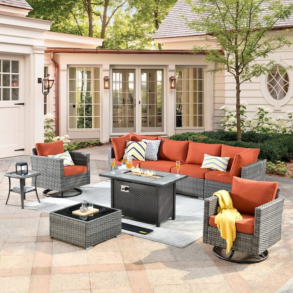 Toject Sanibel Gray 9-Piece Wicker Outdoor Patio Conversation Sofa Sectional Set with a Metal Fire Pit and Orange Red Cushions