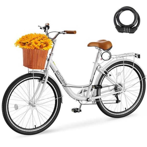 24 in. Beach Cruiser Bike for Adult 7-Speed Commute Bike 2-Wheel Cruiser Bike for Women with Basket and Rack, White