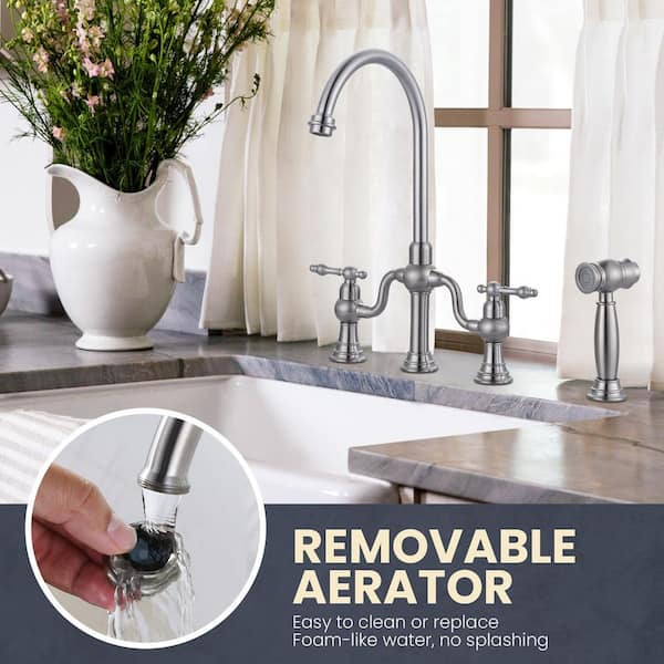 Solid Brass Double Handle High-Arc Deck Mounted Bridge Kitchen Faucet with Side Sprayer in Brushed Nickel