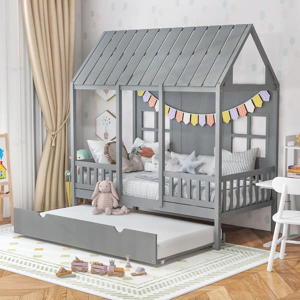 Twin Size House Bed with Trundle Fence Decor Wooden Windows Tall Roof Gray