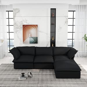 122.8 in. Flared Arm 4-Piece Linen L-Shaped Deep Seat Cloud Couch Pine Wood Sectional Sofa in Black with Storage Ottoman