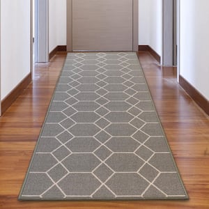 Hexagon Trellis Gray Color 31 in. Width x Your Choice Length Custom Size Roll Runner Rug/Stair Runner