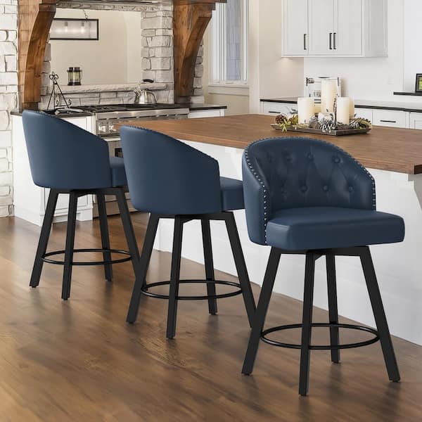 LUE BONA Arturo 26 in.Navy Blue Faux Leather Upholstered Swivel Bar Stool with Metal Frame Nailhead Counter Barstool Set of 3
