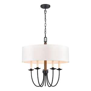 Ninebark 23 in. Wide 5-Light Charcoal Black Chandelier with Fabric Shade