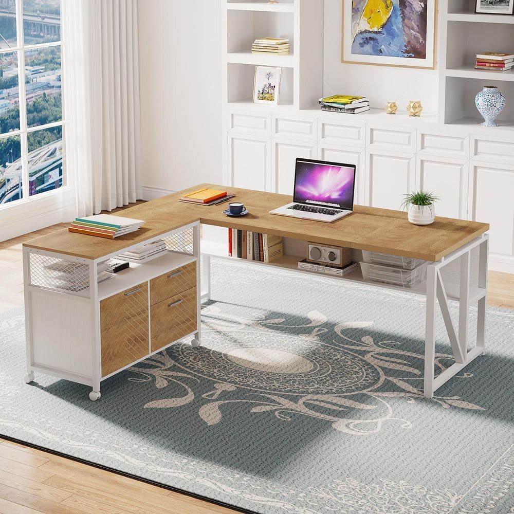 Lanita 63 in. L Shaped Desk Light Brown and White Engineered Wood 2 Drawer Computer Desk with Rolling File Cabinet
