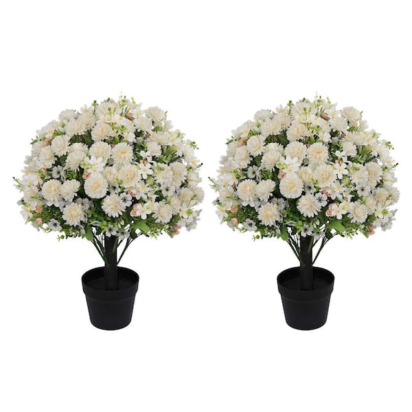 24 in.White Artificial Topiary Plant (2-Pack),Faux Flowers Potted,Floral Arrangement for Indoor/Outdoor Spring Decor