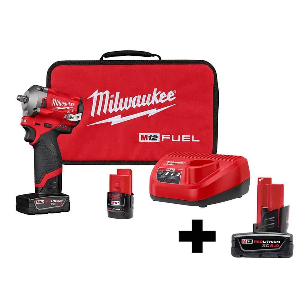 Milwaukee M12 FUEL 12V Lithium-Ion Brushless Cordless Stubby 3/8 in. Impact Wrench Kit with 6.0Ah Battery -  2554-22-48-1