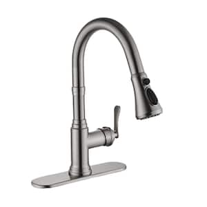 Single Handle Pull Down Sprayer Kitchen Faucet with Deckplate Gooseneck Swivel Spout in Brushed Nickel