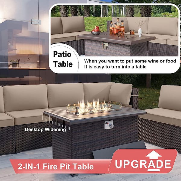 13-Piece Wicker Patio Conversation Set with 55000 BTU Gas Fire Pit Table and Glass Coffee Table and Sand Cushions