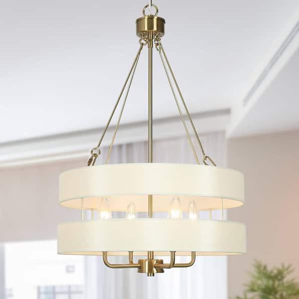 Uolfin 16.9 in. 4 light Gold Dining Room Chandelier with Fabric Shade, Modern Electroplated Brass Drum Bedroom Light