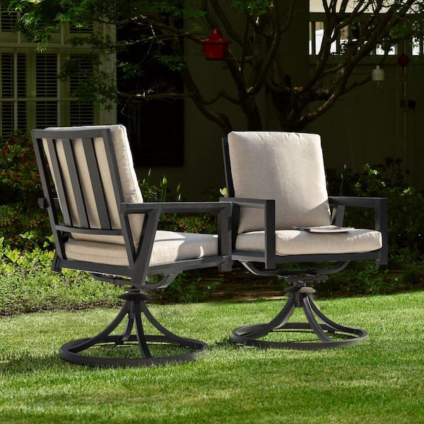 Black Aluminum Outdoor Swivel Dining Chairs with Gray Cushions (2-Pack)