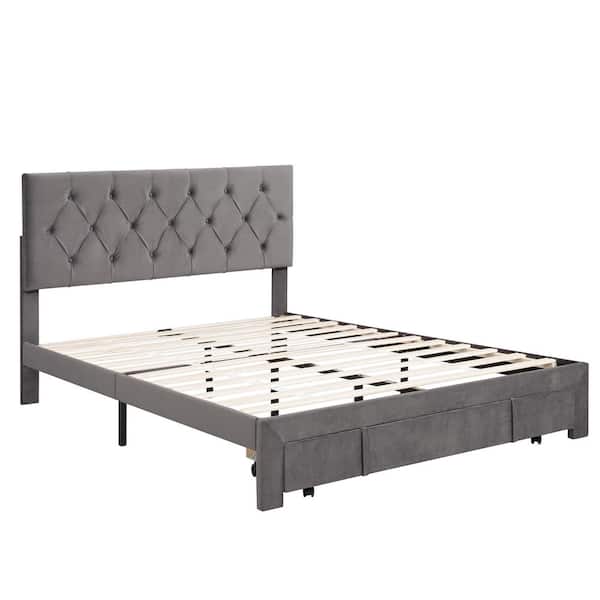 81 in. W Gray Queen Size Storage Bed Velvet Upholstered Platform Bed with a Big Drawer