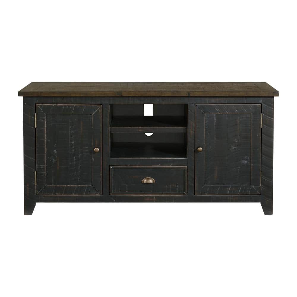 Coastal Farmhouse Black and Brown Pine TV Stand with Cabinets