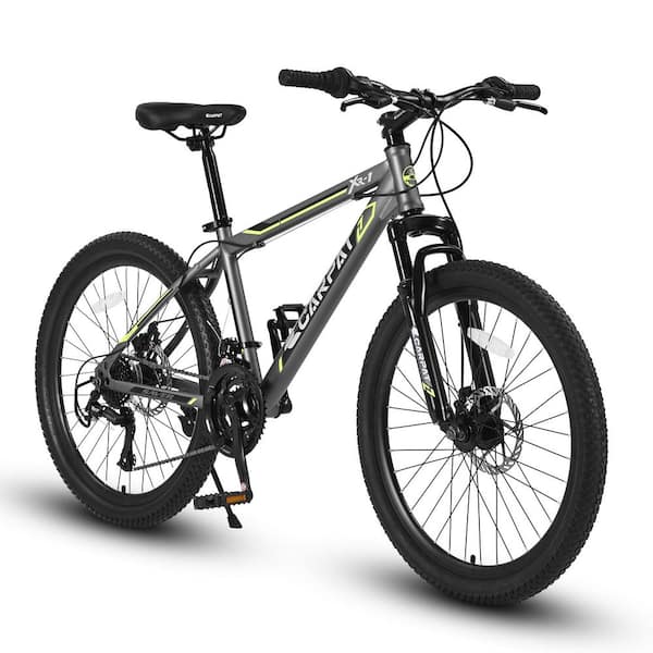 24 in. Steel Frame Bike Shimano 21 Speed Mountain Bicycle with Daul Disc Brakes and Front Suspension MTB Gray