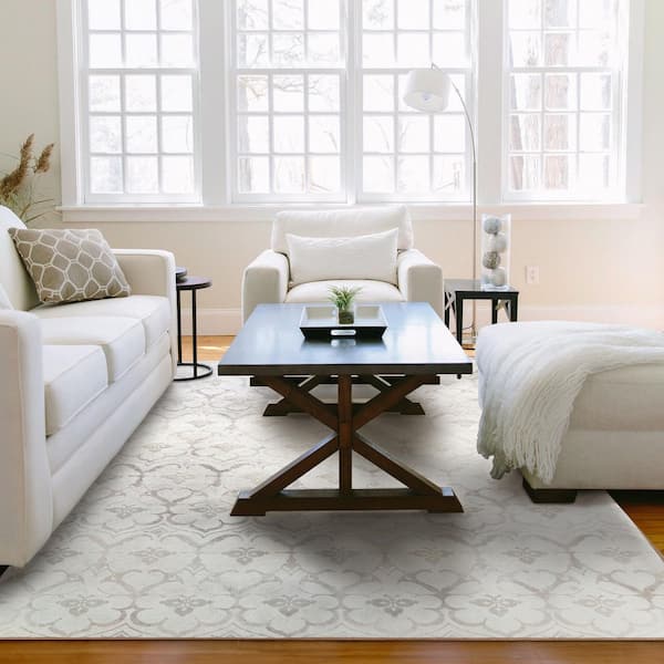 Leilani Damask Ivory/Beige Washable Rug 6 ft. x 9 ft. Area Rug