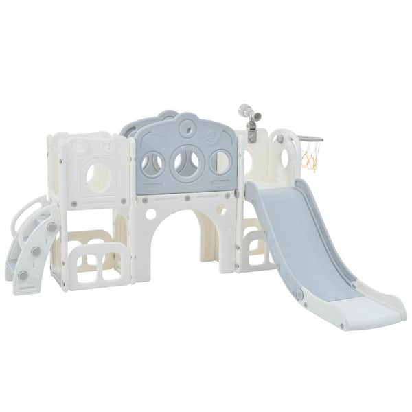 Bon Furni Grey and White HDPE Indoor and Outdoor Playset with Slide and Basketball Hoop