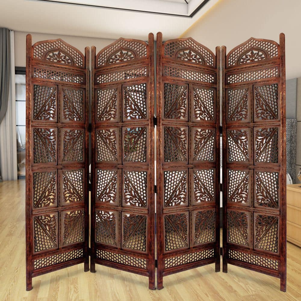 Antique Brown Hand Carved Mango Wood Four Panel Room Divider