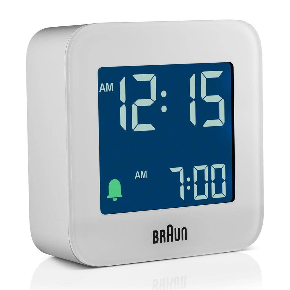 Braun Sleek White Digital Travel Alarm Clock with Snooze, Negative