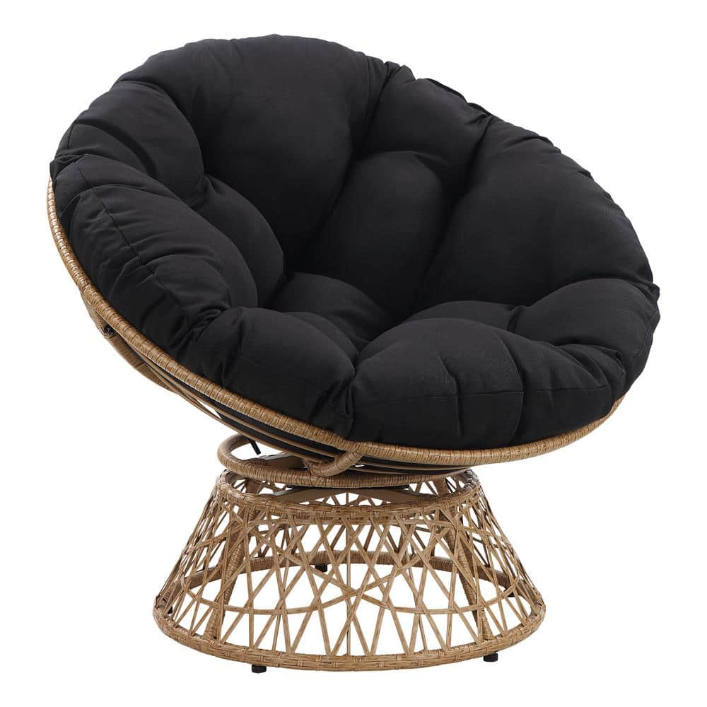 OSP Home Furnishings Papasan Chair- Black Round Pillow Cushion- Natural ...