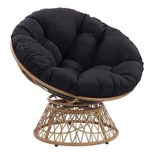 Papasan Chair- Black Round Pillow Cushion- Natural Wicker Weave