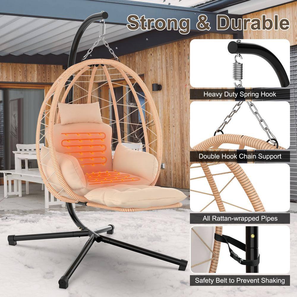 Brown Heated Hanging Egg Chair with Cushions and Black Steel Frame