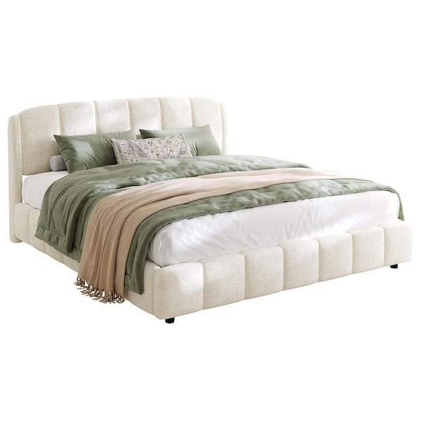 Louigi Beige Boucle Upholstered Wood Frame King Size Platform Bed with Curve-Shaped Headboard