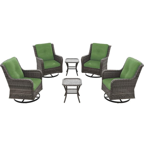 6-Piece Wicker Patio Conversation Set with All-Weather Swivel Rocking Chairs Green Cushions