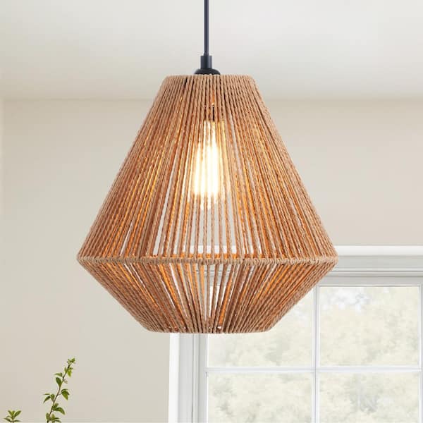 1-Light Matte Black Boho Pendant Light with Geometric Handwoven Hemp Rope Shade
