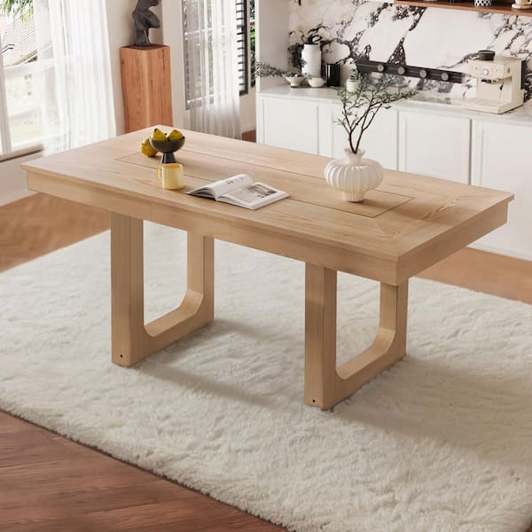 Rex Modern Brown Wood Top 77.28 in. Trestle Base Dining Table Seats 6 Natural Finish with Removable Leaf