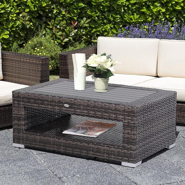 Backyard Rust-Fighting Steel Frame for All Weather for Outdoor Large Storage Space Brown Garden Outsunny Rattan Wicker Coffee Side Table with Double Lift Top Design Patio