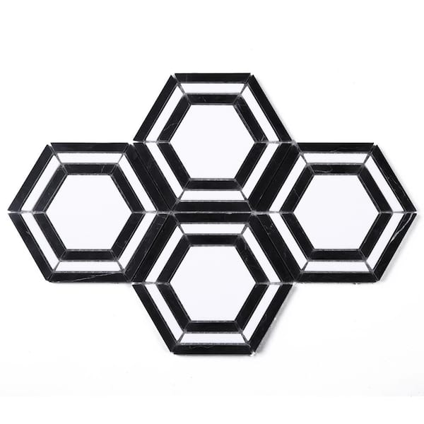 MOLOVO Interspace White and Black 10.63 in. x 12.01 in. Hexagon Polished Marble Mosaic Tile (8.9 sq. ft./Case)