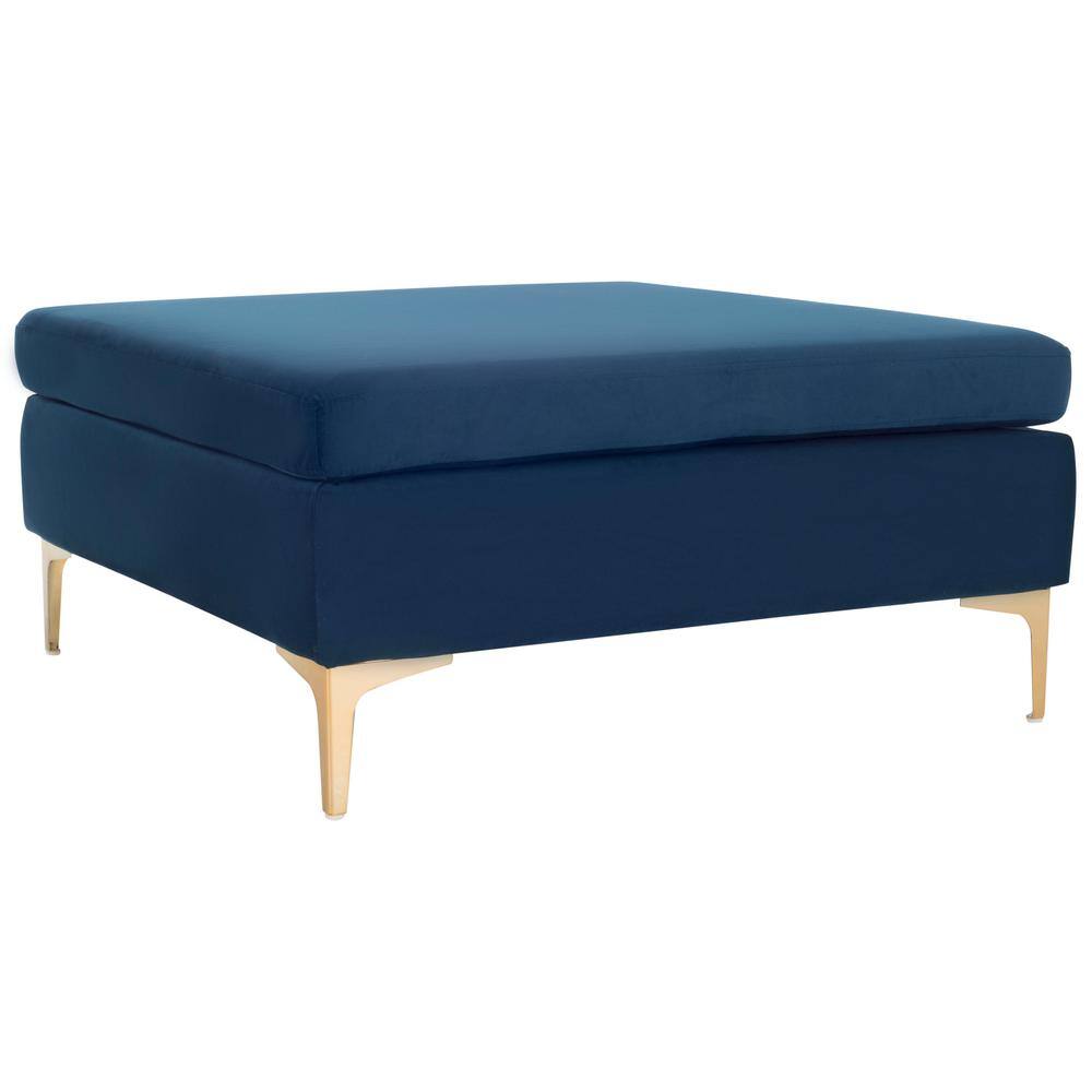 Giovanna Navy Velvet 36" Square Ottoman with Brass Metal Legs