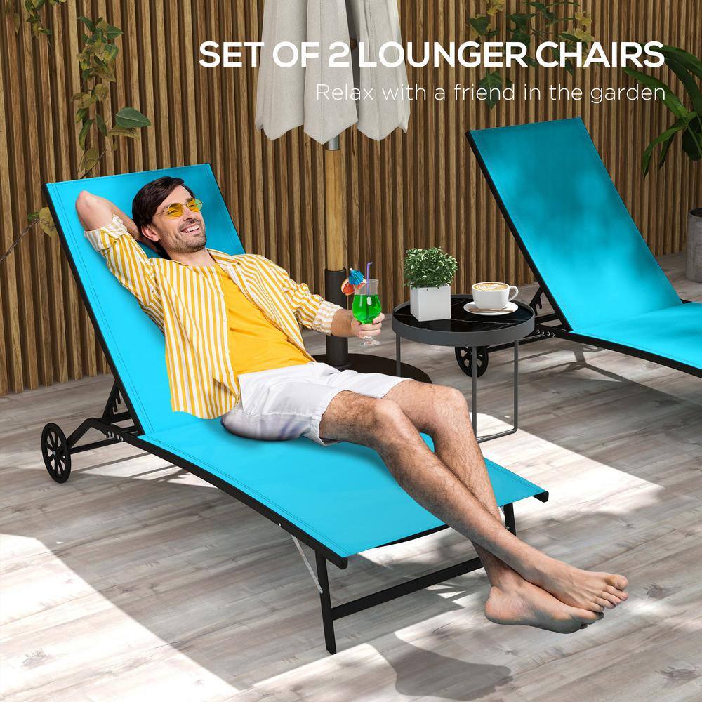 Set of 2 Blue Mesh Outdoor Chaise Loungers with Adjustable Backrest
