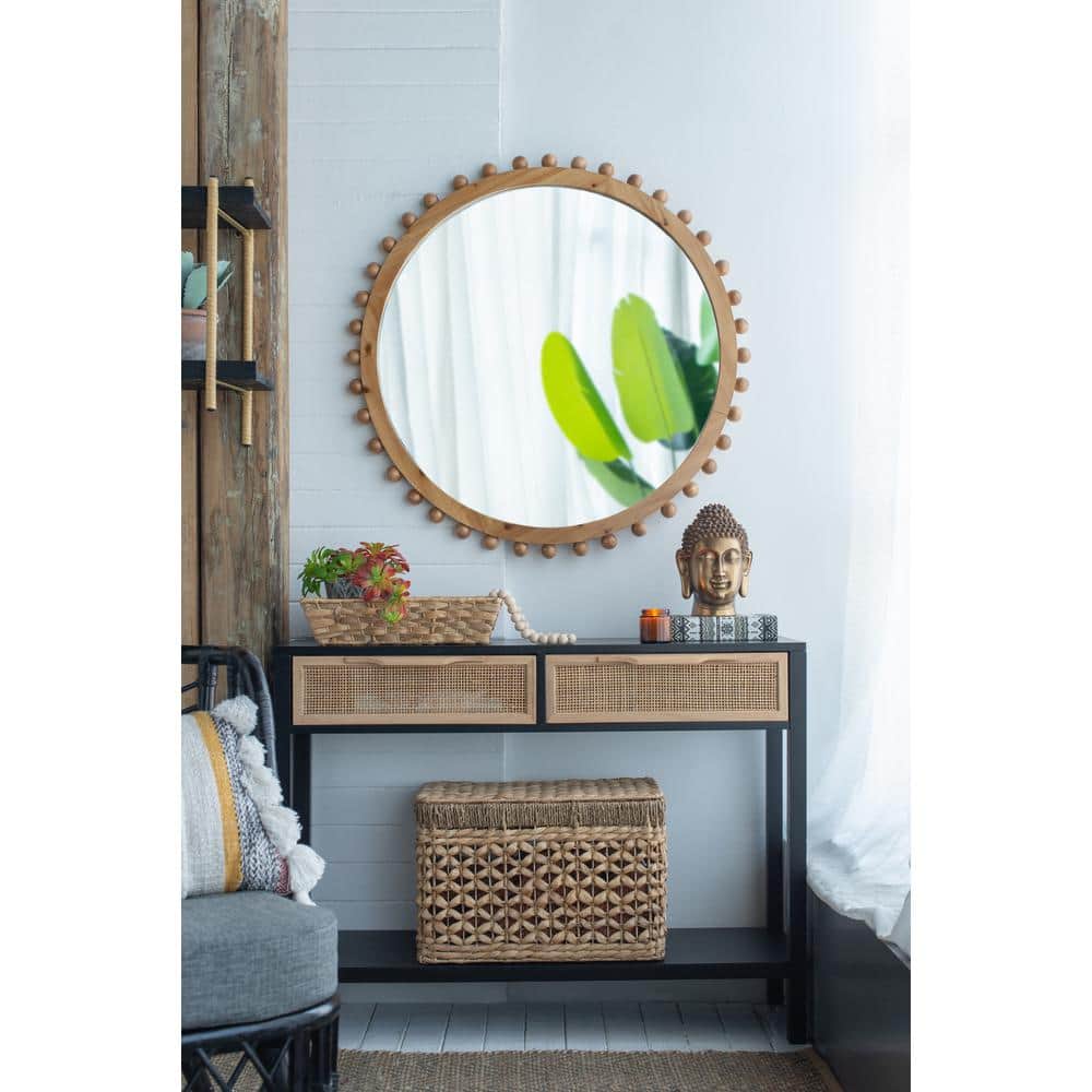 34 in. Round Natural Fir Wood Bathroom Vanity Mirror with Beaded Accents