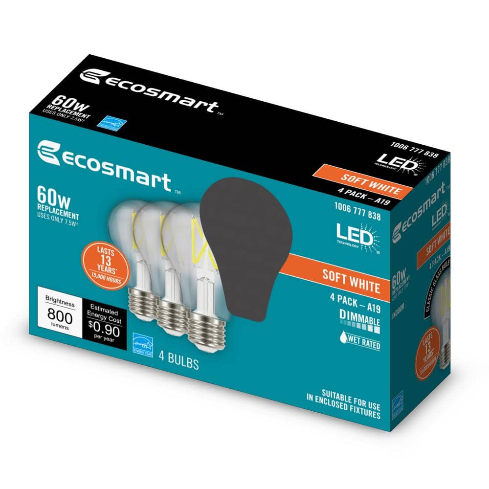 EcoSmart 60-Watt Equivalent Clear Glass Dimmable LED Bulbs Soft White 4-Pack