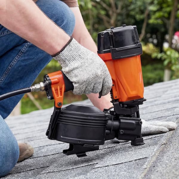 Roofing Nailer, N/A Voltage, 3/4 in. to 1-3/4 in. 15° Coil Pneumatic Anti-Jam, Tool-Free Depth with Sample Nails