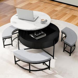 31 in. Black Modern Lifting-top Round Sintered Stone Top Accent Coffee Table with Storage and 3 Ottomans