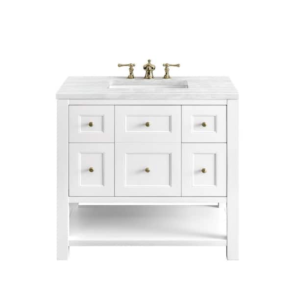 James Martin Vanities Breckenridge 36.0 in. W x 23.5 in. D x 34.2 in. H Bathroom Vanity in Bright White with Arctic Fall Solid Surface Top
