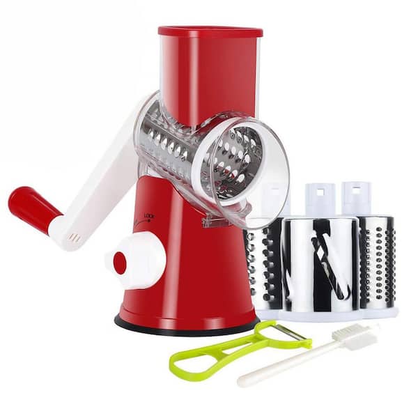 Red Rotary Cheese Grater Hand Crank Kitchen Shredder Mandolin Slicer Nut Grinder with 3 Blades Piece