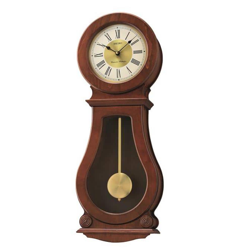 Seiko Dark Curved Wood with Gold Accents and Pendulum Westminster/Whittington  Chime Wall Clock QXH071BLH - The Home Depot