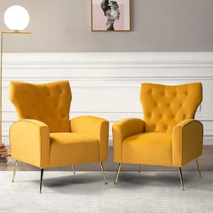 Brion Modern Mustard Velvet Button Tufted Comfy Wingback Armchair with Metal Legs (Set of 2)